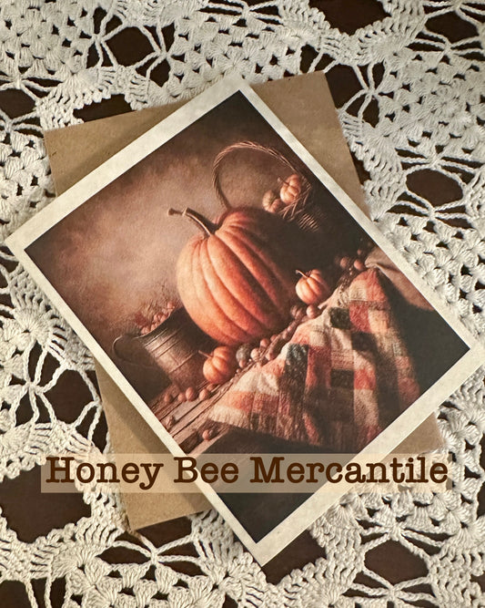 Vintage, Primitive, Farmhouse Style, Set of 6 Note Cards with envelopes, Fall, Autumn Pumpkins, Metal Bucket, Basket, Quilt, Still Life