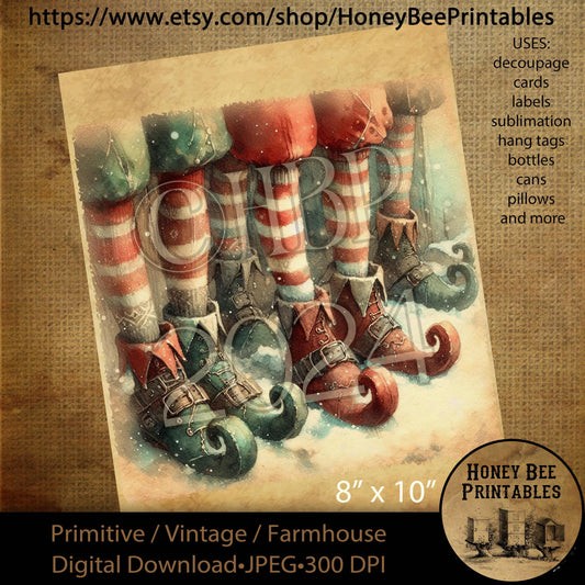 Digital Download, Printable, Decoupage, Sublimation, Vintage, Primitive, Farmhouse, 8x10, Christmas, Elves, Elf Feet, Elf Shoes, Stockings