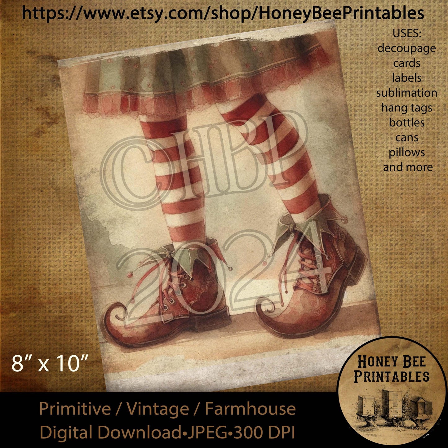 Digital Download, Printable, Decoupage, Sublimation, Vintage, Primitive, Farmhouse, 8x10, Christmas, Elf, Elf Girl, Tutu, Stockings, Shoes