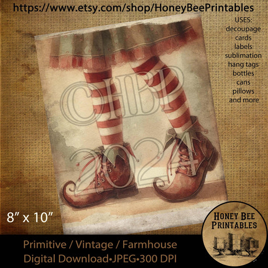Digital Download, Printable, Decoupage, Sublimation, Vintage, Primitive, Farmhouse, 8x10, Christmas, Elf, Elf Girl, Tutu, Stockings, Shoes