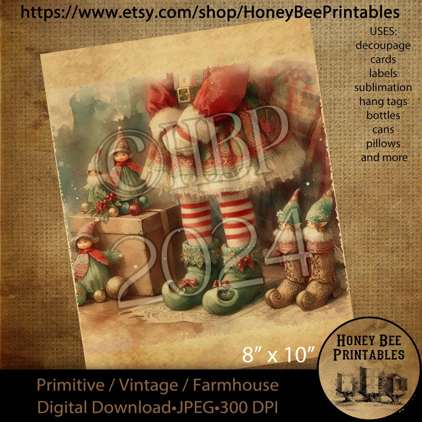Digital Download, Printable, Decoupage, Sublimation, Vintage, Primitive, Farmhouse, 8x10, Christmas, Girl Elf, Doll, Stockings, Shoes, Tutu