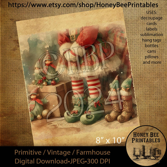 Digital Download, Printable, Decoupage, Sublimation, Vintage, Primitive, Farmhouse, 8x10, Christmas, Girl Elf, Doll, Stockings, Shoes, Tutu