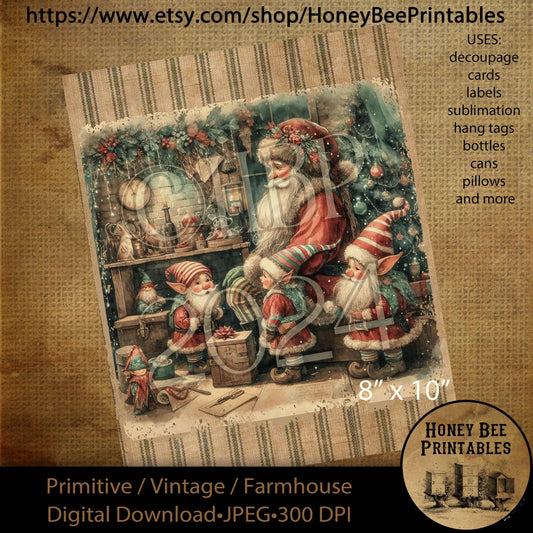 Digital Download, Printable, Decoupage, Sublimation, Vintage, Primitive, Farmhouse, 8x10, Christmas, Santa and Elves, Santa Claus, Elves, 3
