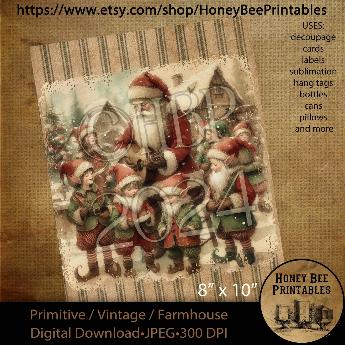 Digital Download, Printable, Decoupage, Vintage,  Primitive, Farmhouse, 8x10, Christmas, Santa and Elves, Santa Claus, Elves, Guitar, Sing