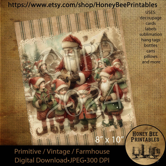 Digital Download, Printable, Decoupage, Vintage,  Primitive, Farmhouse, 8x10, Christmas, Santa and Elves, Santa Claus, Elves, Guitar, Sing