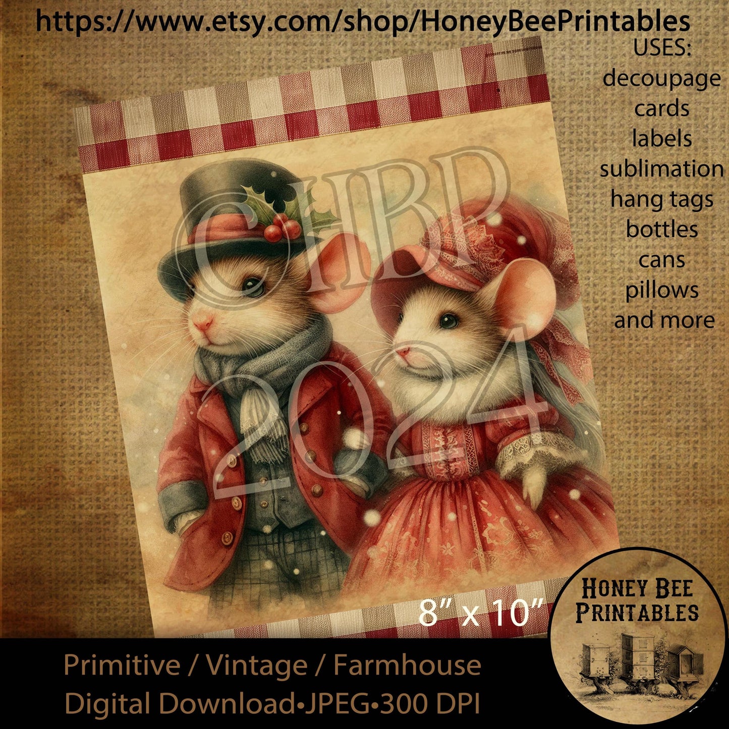 Digital Download, Printable, Decoupage, Vintage,  Primitive, Farmhouse, 8x10, Christmas, Victorian Mice, Christmas Mice, Mouse, #3