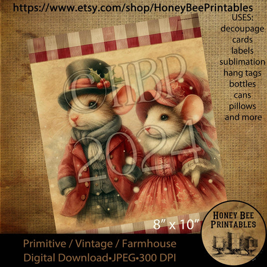 Digital Download, Printable, Decoupage, Vintage,  Primitive, Farmhouse, 8x10, Christmas, Victorian Mice, Christmas Mice, Mouse, #3