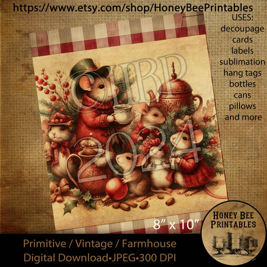 Digital Download, Printable, Decoupage, Vintage,  Primitive, Farmhouse, 8x10, Christmas, Victorian Mice, Christmas Mice, Mouse, #1