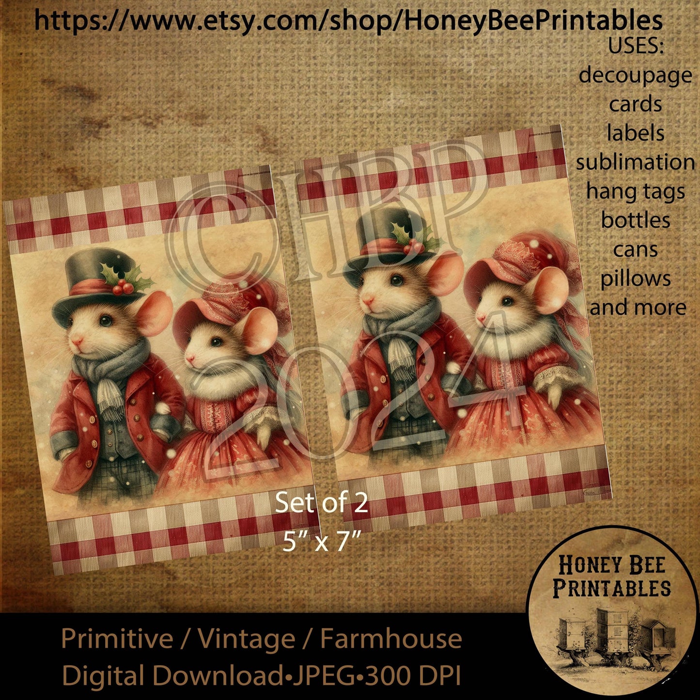 Digital Download, Printable, Decoupage, Vintage,  Primitive, Farmhouse, 5x7, Set of 2, Christmas, Victorian Mice, Christmas Mice, Mouse, #3