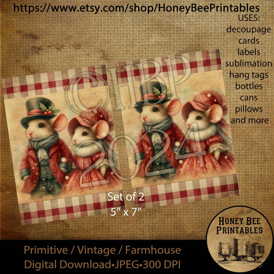 Digital Download, Printable, Decoupage, Vintage,  Primitive, Farmhouse, 5x7, Set of 2, Christmas, Victorian Mice, Christmas Mice, Mouse, #3