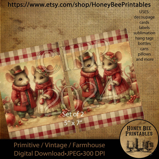 Digital Download, Printable, Decoupage, Vintage,  Primitive, Farmhouse, 5x7, Set of 2, Christmas, Victorian Mice, Christmas Mice, Mouse, #2