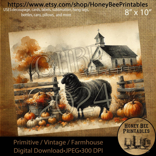 Digital Download, Digital Art, Printable, Decoupage, Vintage, Primitive, Fall, Autumn, Black Sheep, Chapel, Church, Pumpkins, Harvest, #1