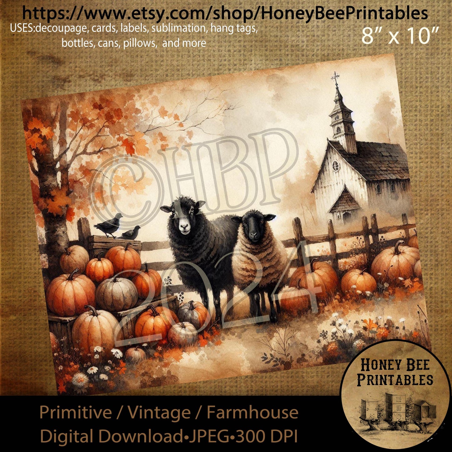 Digital Download, Digital Art, Printable, Decoupage, Vintage, Primitive, Fall, Autumn, Black Sheep, Chapel, Church, Pumpkins, Harvest, #2