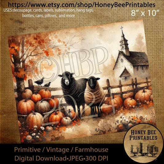 Digital Download, Digital Art, Printable, Decoupage, Vintage, Primitive, Fall, Autumn, Black Sheep, Chapel, Church, Pumpkins, Harvest, #2