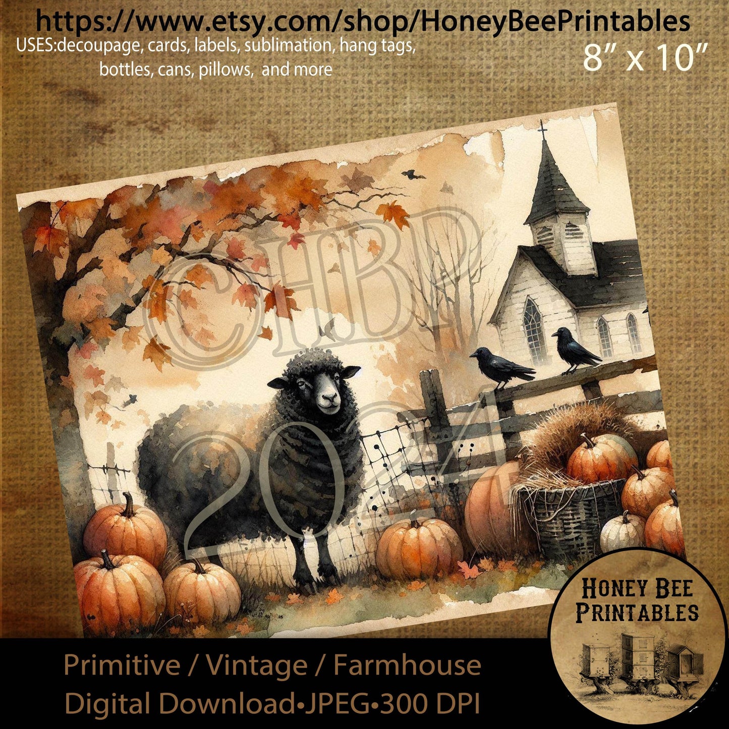 Digital Download, Digital Art, Printable, Decoupage, Vintage, Primitive, Fall, Autumn, Black Sheep, Chapel, Church, Pumpkins, Harvest, #5