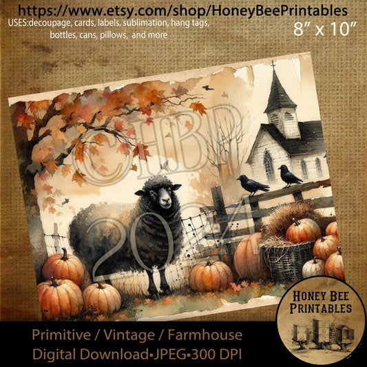 Digital Download, Digital Art, Printable, Decoupage, Vintage, Primitive, Fall, Autumn, Black Sheep, Chapel, Church, Pumpkins, Harvest, #5
