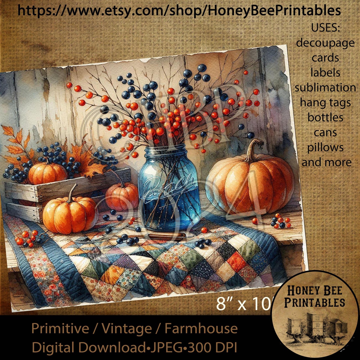 Digital Download, Printable, Decoupage, Vintage, Primitive, Fall, Autumn, Tablescape, Blue Jar, Berries, Quilt, Old Table, Wood Crate