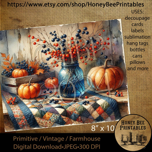 Digital Download, Printable, Decoupage, Vintage, Primitive, Fall, Autumn, Tablescape, Blue Jar, Berries, Quilt, Old Table, Wood Crate