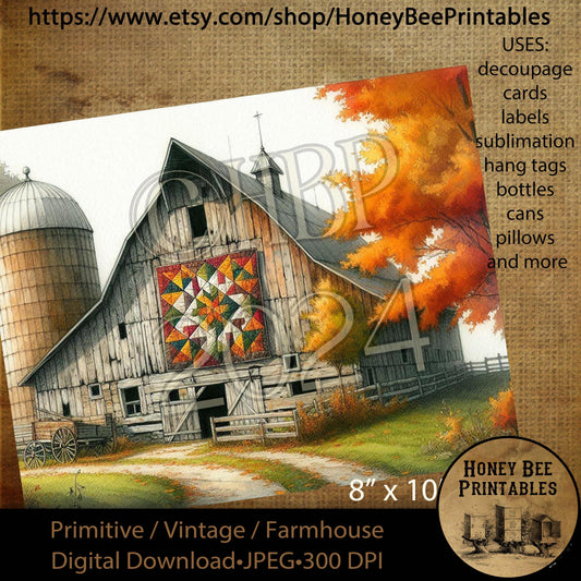 Digital Download, Printable, Decoupage, Vintage, Prim, Fall, Autumn, Old Barn, Barn Quilt, Fall Landscape, Silo, Fall Barn Quilt, 8x10