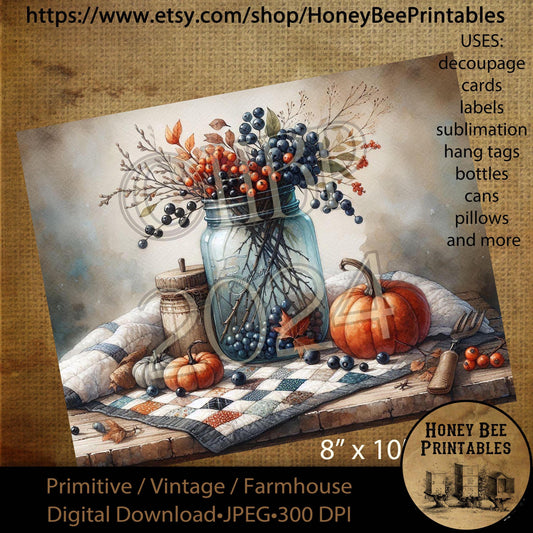 Digital Download, Printable, Decoupage, Vintage, Primitive, Fall, Autumn, Tablescape, Blue Jar, Berries, Quilt, Old Table, Pumpkins, 8x10
