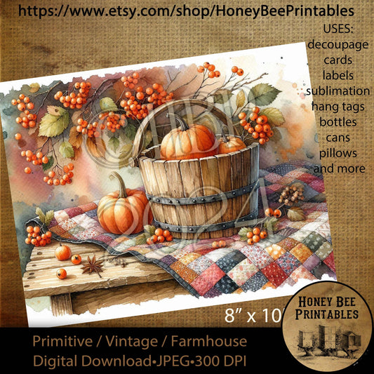 Digital Download, Printable, Decoupage, Vintage, Primitive, Fall, Autumn, Tablescape, Firkin Bucket, Berries, Quilt, Old Table, Pumpkins