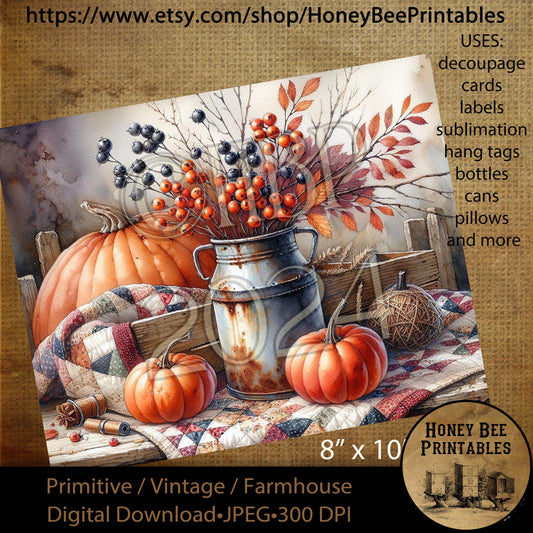 Digital Download, Printable, Decoupage, Vintage, Primitive, Fall, Autumn, Tablescape, Rusty Milk Can, Pumpkins, Berries, Quilt, Old Crate