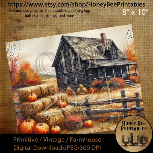 Digital Download, Digital Art, Printable, Decoupage, Primitive, Craft Supplies, Fall, Autumn, Farmhouse, Farm House, Black Saltbox, #2