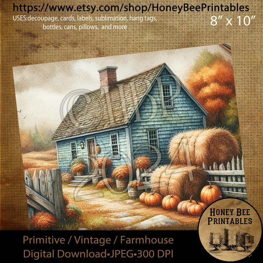 Digital Download, Digital Art, Printable, Decoupage, Primitive, Craft Supplies, Fall, Autumn, Farmhouse, Farm House, Blue Saltbox, #2