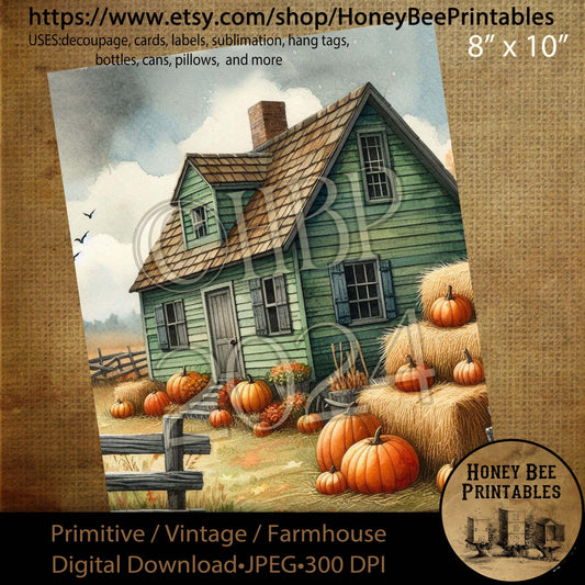 Digital Download, Digital Art, Printable, Decoupage, Primitive, Craft Supplies, Fall, Autumn, Farmhouse, Farm House, Green Saltbox, #1