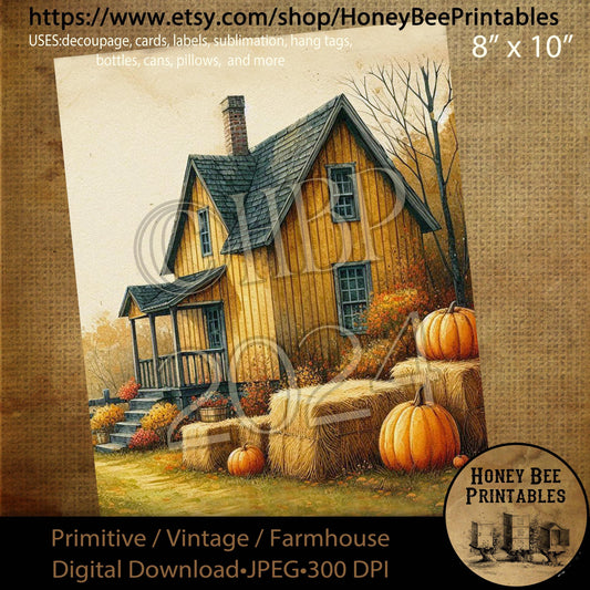 Digital Download, Digital Art, Printable, Decoupage, Primitive, Craft Supplies, Fall, Autumn, Farmhouse, Farm House, Yellow Saltbox, #2