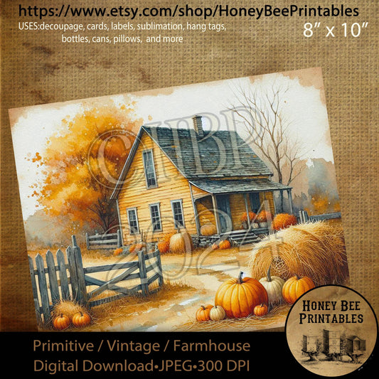 Digital Download, Digital Art, Printable, Decoupage, Primitive, Craft Supplies, Fall, Autumn, Farmhouse, Farm House, Yellow Saltbox, #L2
