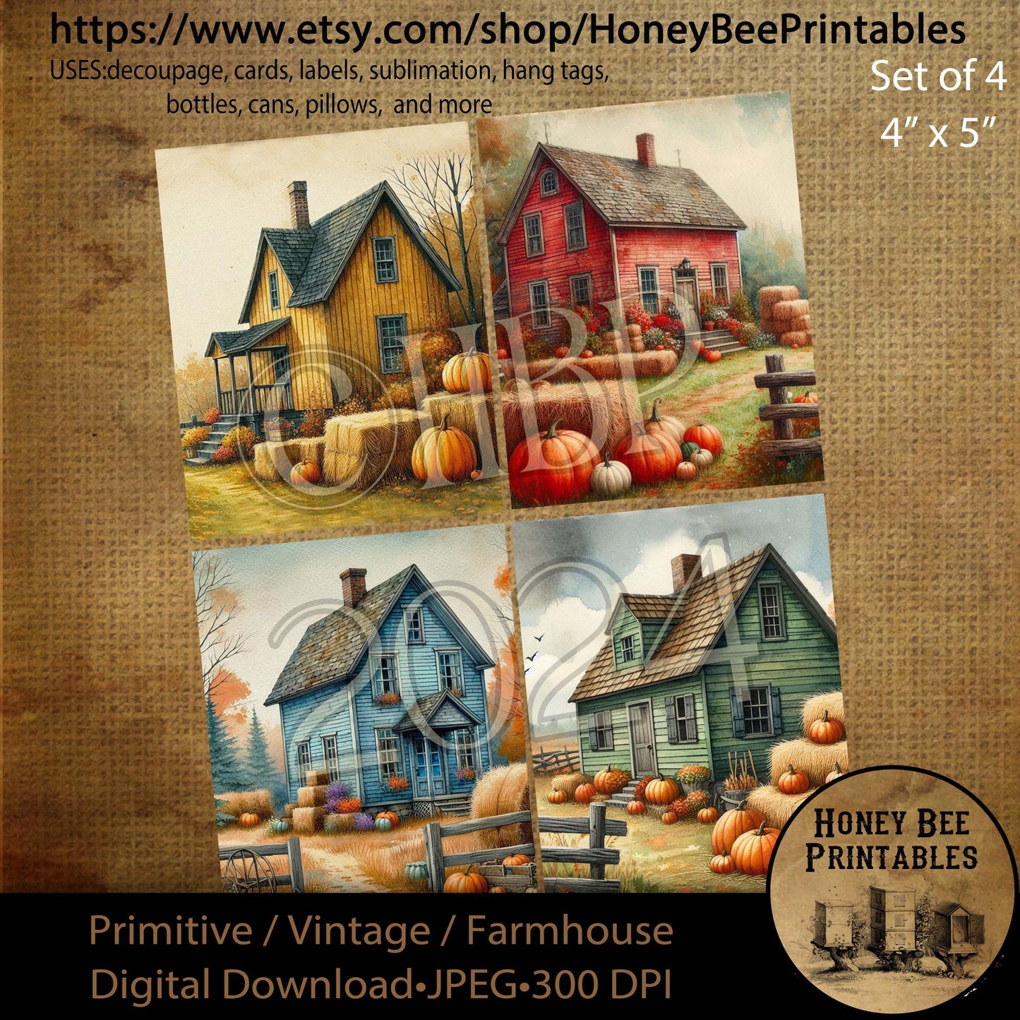 Digital Download, Digital Art, Printable, Decoupage, Vintage, Primitive, Fall, Autumn, Set / 4, 4x5, Farmhouse, Farm House, Saltbox House #1