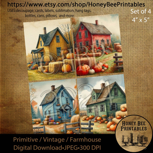 Digital Download, Digital Art, Printable, Decoupage, Vintage, Primitive, Fall, Autumn, Set / 4, 4x5, Farmhouse, Farm House, Saltbox House #1