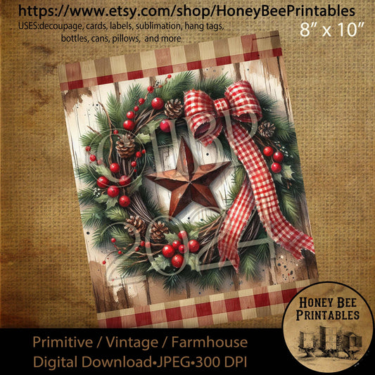 Digital Download, Printable, Decoupage, Vintage, Primitive, Farmhouse, Craft Supplies, Country Christmas Wreath, Rusty Star, Ribbon, #3