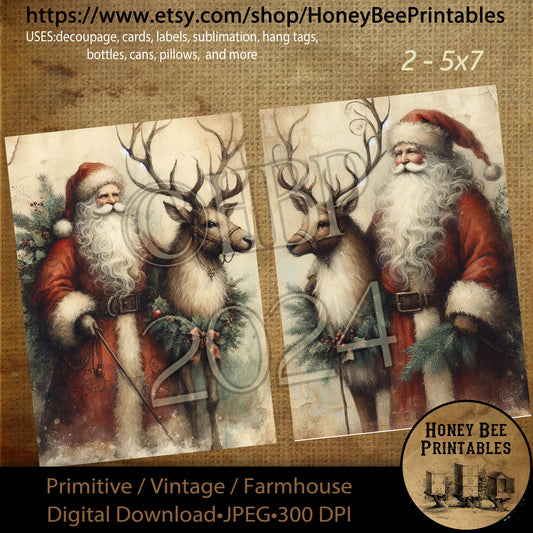 Digital Download, Printable, Decoupage, Vintage, Primitive, Set of 2, 5x7, Craft Supplies, Christmas, Santa, Reindeer, Santa & Reindeer, #1