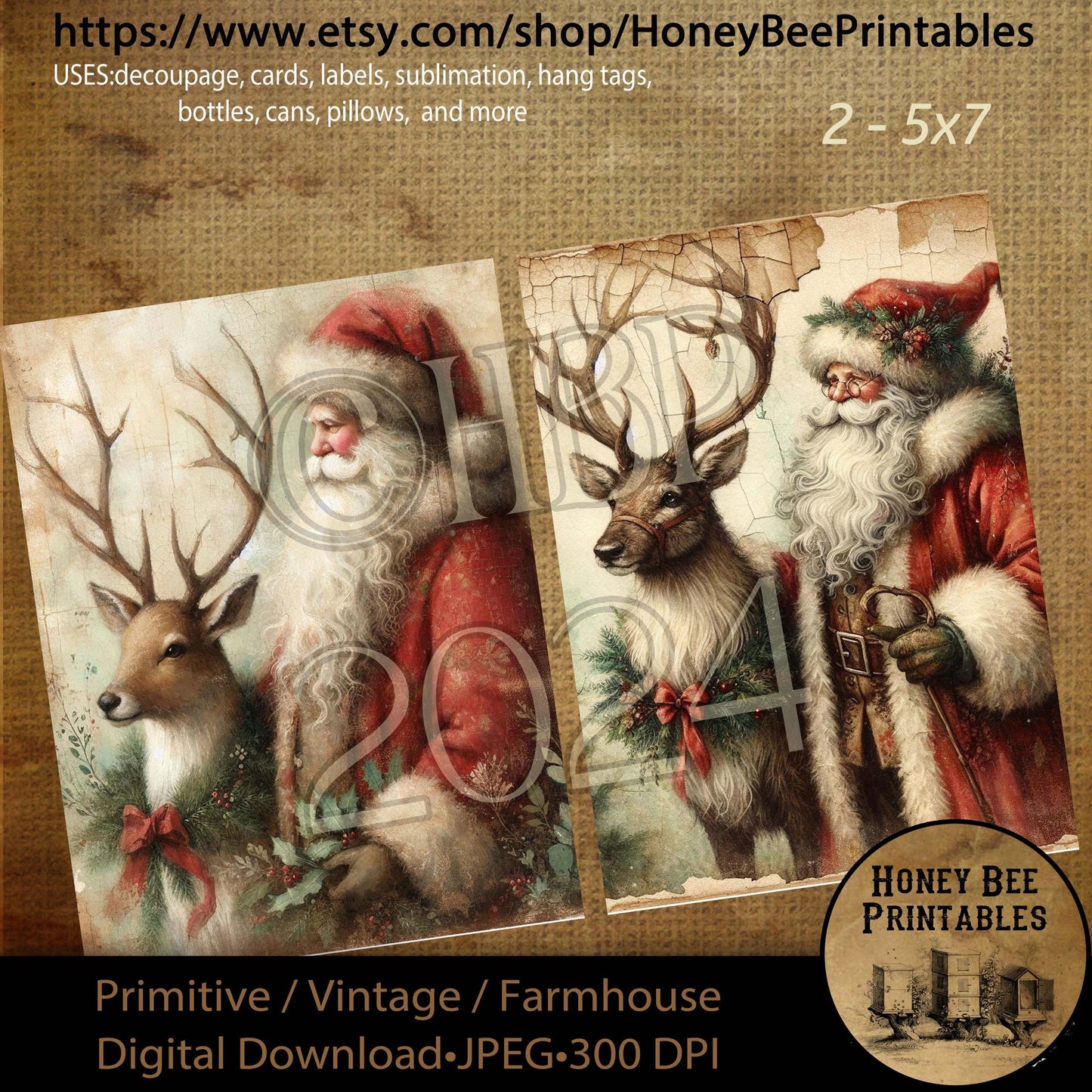 Digital Download, Printable, Decoupage, Vintage, Primitive, Set of 2, 5x7, Craft Supplies, Christmas, Santa, Reindeer, Santa & Reindeer, #2