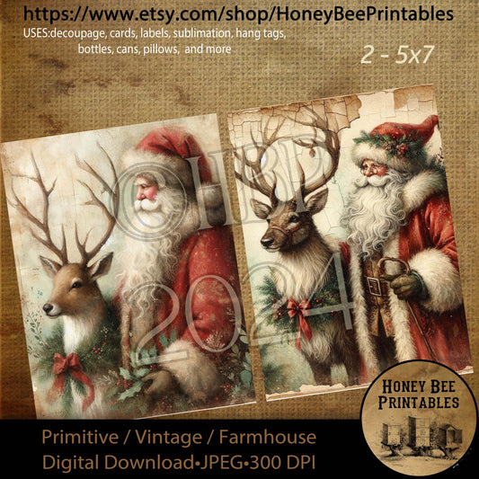 Digital Download, Printable, Decoupage, Vintage, Primitive, Set of 2, 5x7, Craft Supplies, Christmas, Santa, Reindeer, Santa & Reindeer, #2