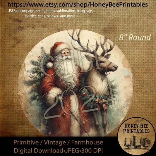 Digital Download, Printable, Decoupage, Primitive, Farmhouse, Craft Supplies, Santa Claus, Santa & Reindeer, Christmas, Round 8 in, #2