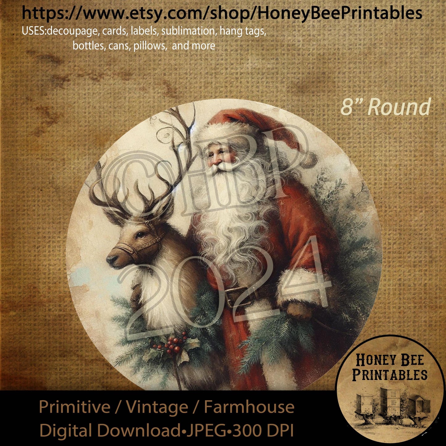 Digital Download, Printable, Decoupage, Primitive, Farmhouse, Craft Supplies, Santa Claus, Santa & Reindeer, Christmas, Round 8 in, #1