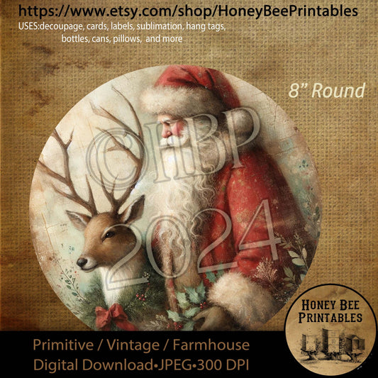 Digital Download, Printable, Decoupage, Primitive, Farmhouse, Craft Supplies, Santa Claus, Santa & Reindeer, Christmas, Round 8 in, #4
