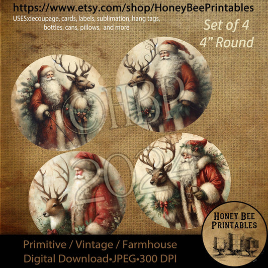 Digital Download, Printable, Decoupage, Primitive, Craft Supplies, Ornaments, Santa Claus, Reindeer, Christmas, Round 4 inch, Set of 4