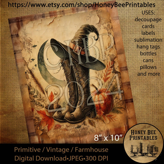 Digital Download, Printable, Decoupage, Vintage, Primitive, Fall, Autumn, Halloween, Witch, Witch Boots, Witch Hat, Halloween Witch, #1