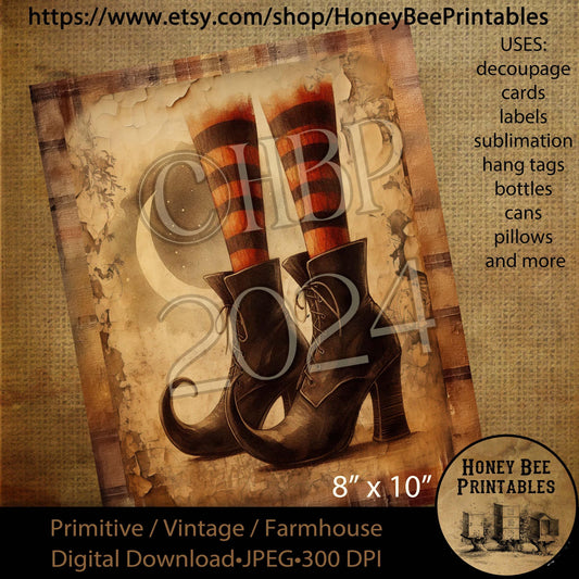 Digital Download, Printable, Decoupage, Vintage, Primitive, Fall, Autumn, Halloween, Witch, Witch Boots, Witch Hat, Halloween Witch, #3