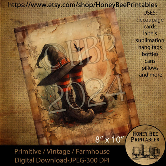 Digital Download, Printable, Decoupage, Vintage, Primitive, Fall, Autumn, Halloween, Witch, Witch Boots, Witch Hat, Halloween Witch, #4
