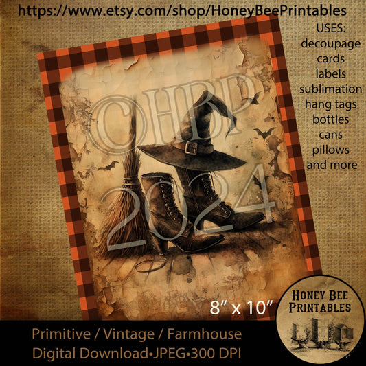 Digital Download, Printable, Decoupage, Vintage, Primitive, Fall, Autumn, Halloween, Witch Broom, Witch Boots, Witch Hat, Witches, Bats, #2