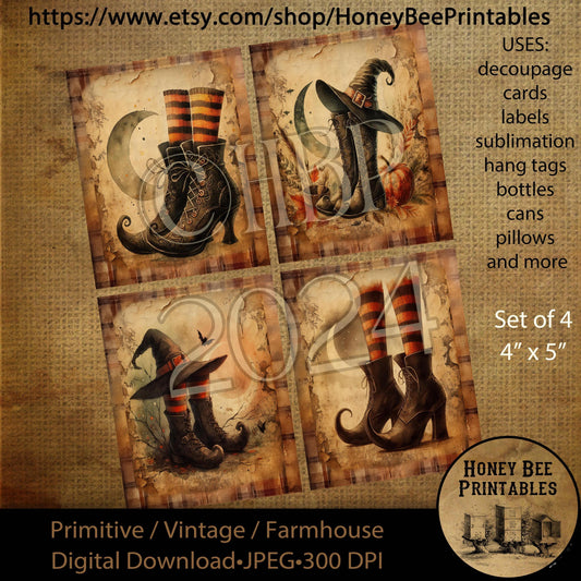 Digital Download, Printable, Decoupage, Vintage, Primitive, Fall, Autumn, Halloween, Witch, Witch Boots, Witch Hat, Halloween Witch, Set / 4