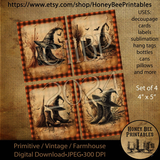 Digital Download, Printable, Decoupage, Vintage, Primitive, Fall, Autumn, Halloween, Witch, Witch Boots, Witch Hat, Witch Broom, Set / 4