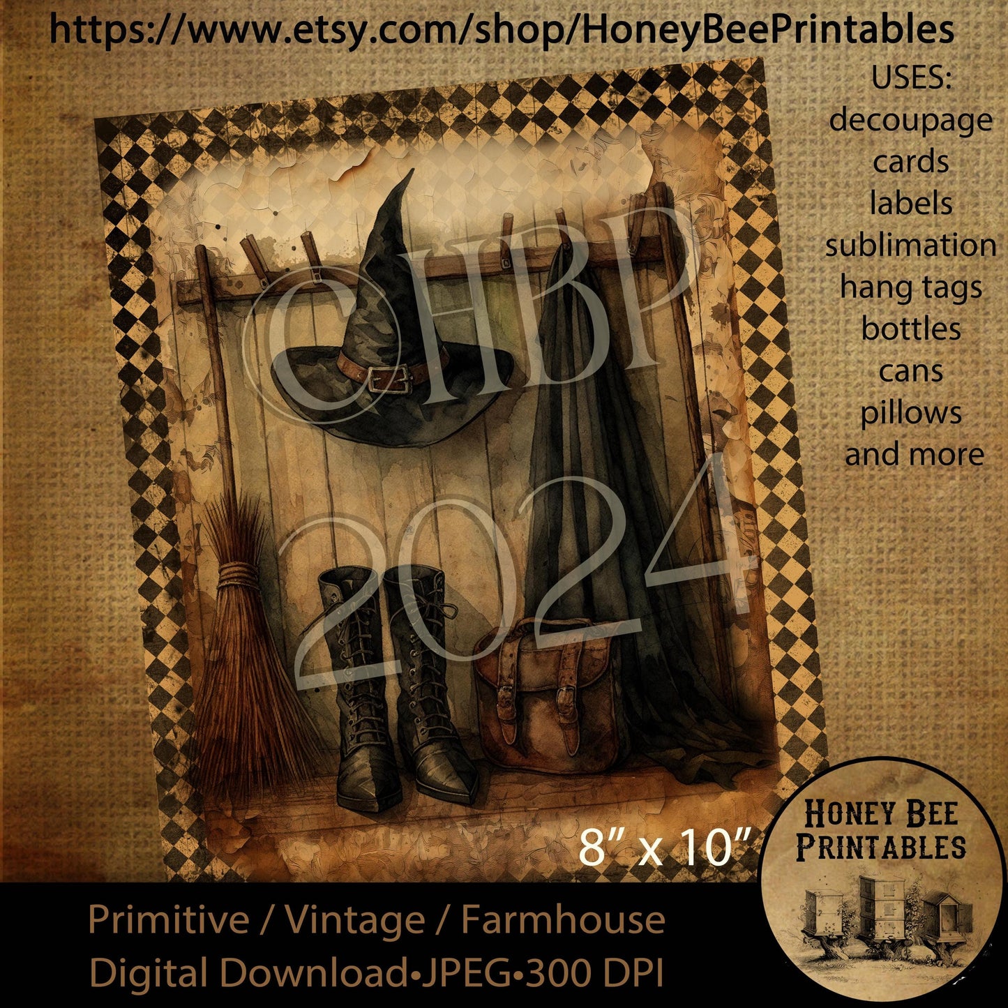 Digital Download, Printable, Decoupage, Vintage, Primitive, Fall, Autumn, Halloween, Witch Clothes,  Witch Hat, Witch Boots, Witch Broom, #1