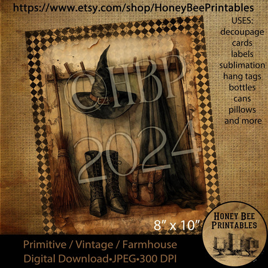 Digital Download, Printable, Decoupage, Vintage, Primitive, Fall, Autumn, Halloween, Witch Clothes,  Witch Hat, Witch Boots, Witch Broom, #1