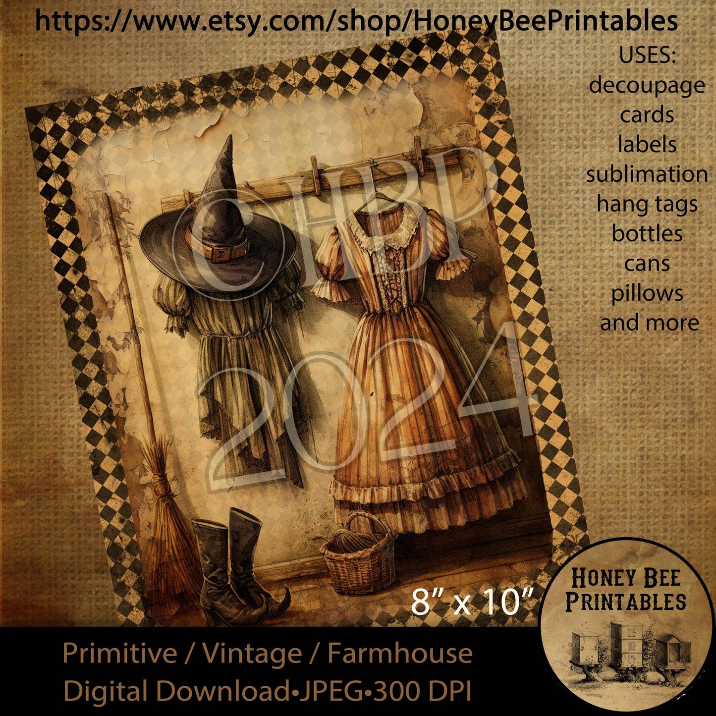 Digital Download, Printable, Decoupage, Vintage, Primitive, Fall, Autumn, Halloween, Witch Clothes,  Witch Hat, Witch Boots, Witch Broom, #4